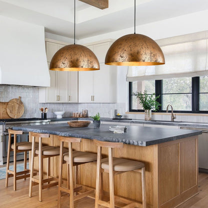 Octavia oversized dome pendant – two rusty domes over a kitchen island