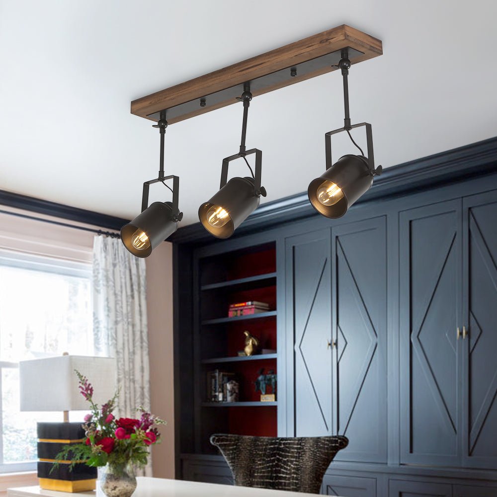 Montague track ceiling light – over a kitchen island with dark cabinets