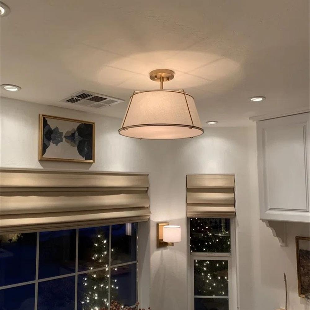 Theodora tapered drum ceiling light – above a kitchen bar area