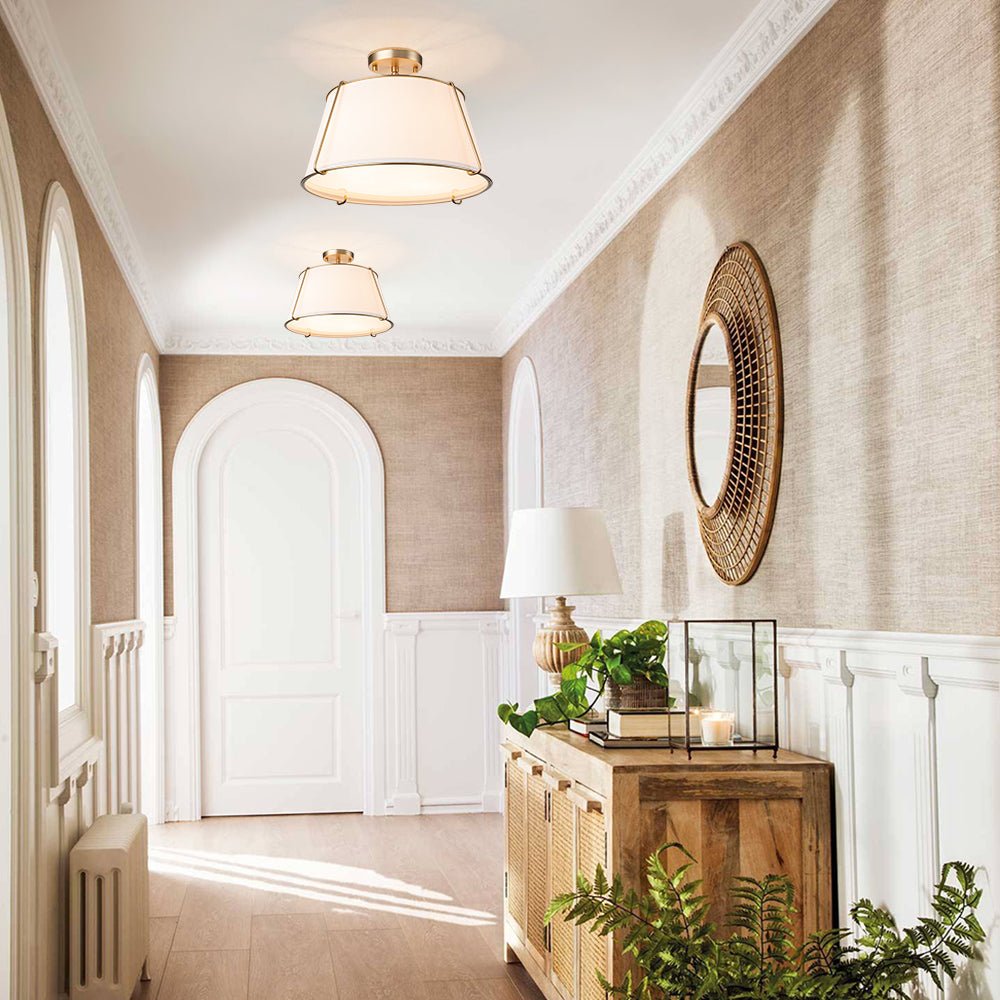 Theodora tapered drum ceiling light – in a hallway with an arched doorway