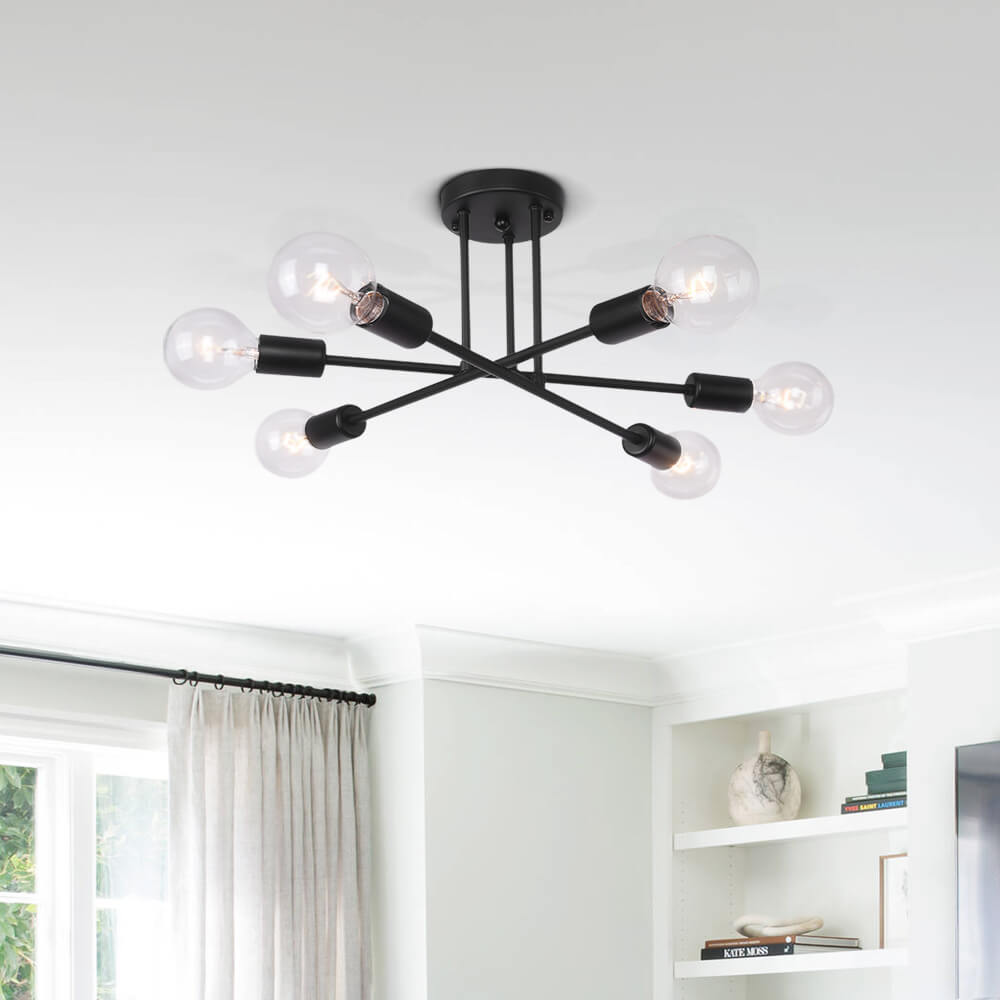 Cyrus six-light sputnik ceiling light – in black by a window
