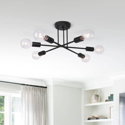 Cyrus six-light sputnik ceiling light – in black by a window