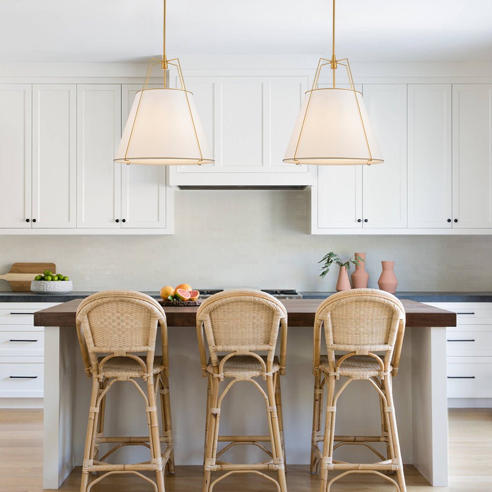 Ophelia tapered linen pendant – two over an island with rattan stools