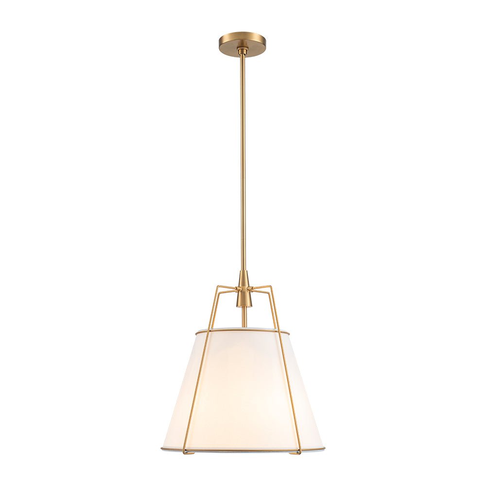Ophelia tapered linen pendant – white shade with brass frame on white
