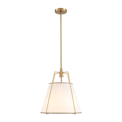 Ophelia tapered linen pendant – white shade with brass frame on white