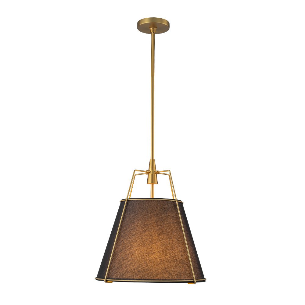 Ophelia tapered linen pendant – black shade with brass frame on white