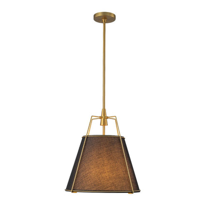 Ophelia tapered linen pendant – black shade with brass frame on white