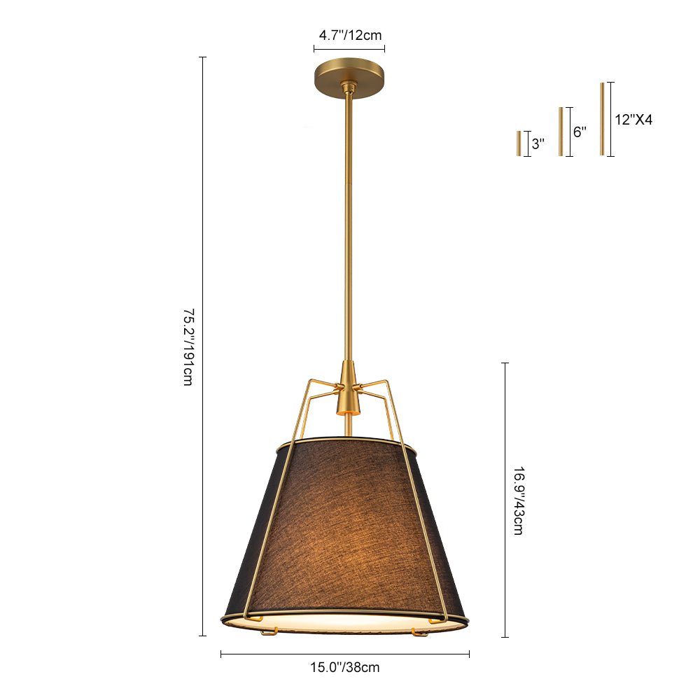 Ophelia tapered linen pendant – size diagram, black shade
