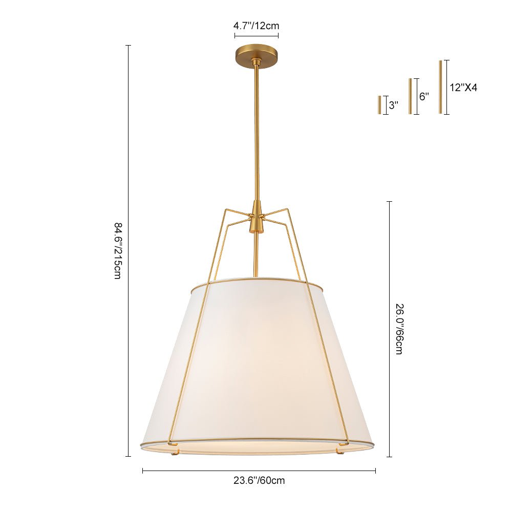 Ophelia tapered linen pendant – size diagram, white shade