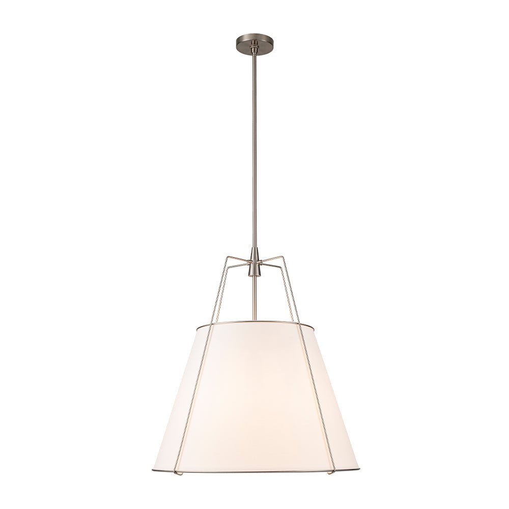 Ophelia tapered linen pendant – white shade with nickel frame, side view