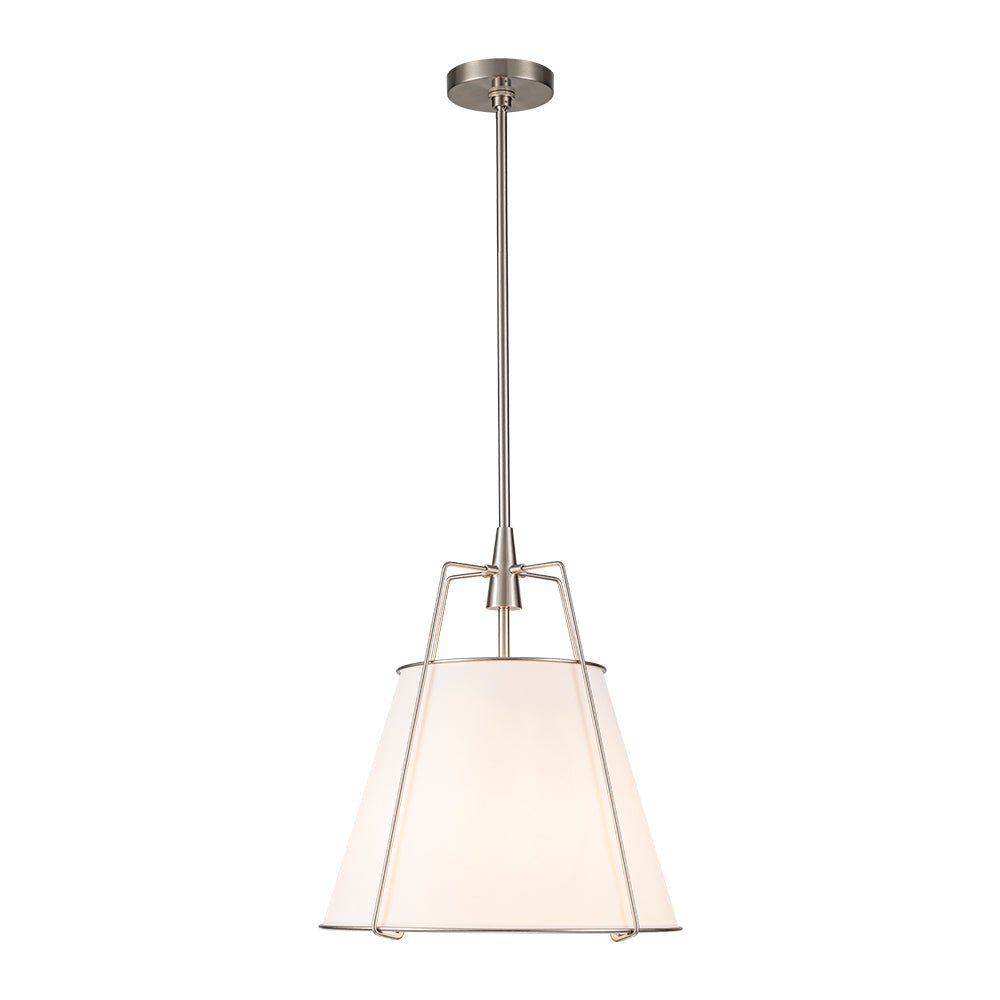 Ophelia tapered linen pendant – white shade with nickel frame on white, large