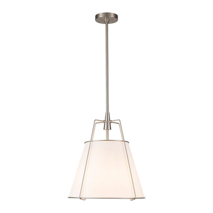 Ophelia tapered linen pendant – white shade with nickel frame on white, large