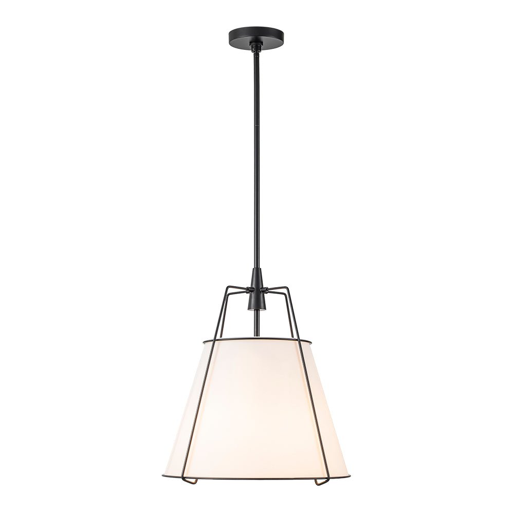 Ophelia tapered linen pendant – white shade with black frame on white