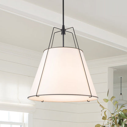 Ophelia tapered linen pendant – white shade with black frame in a white kitchen