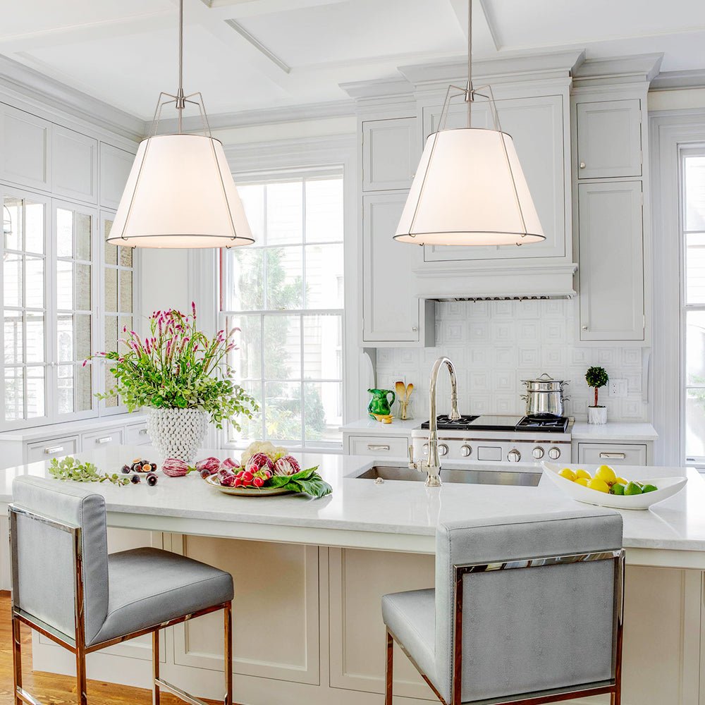 Ophelia tapered linen pendant – two over a white kitchen island