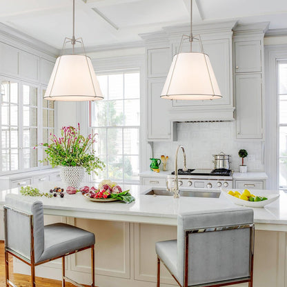 Ophelia tapered linen pendant – two over a white kitchen island