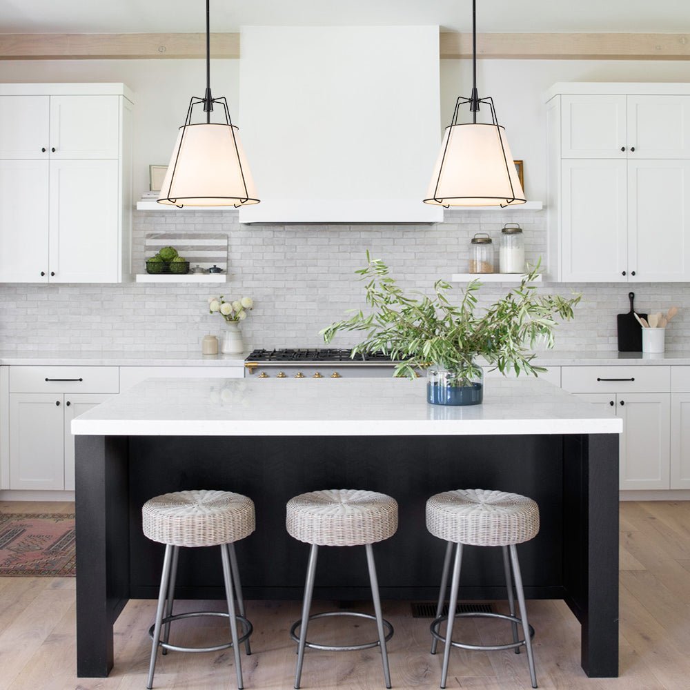 Ophelia tapered linen pendant – two over a black kitchen island