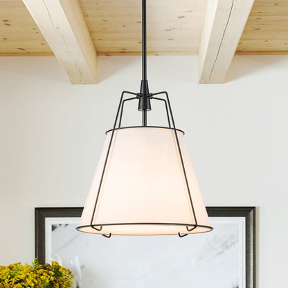 Ophelia tapered linen pendant – with white shade and black frame by a window