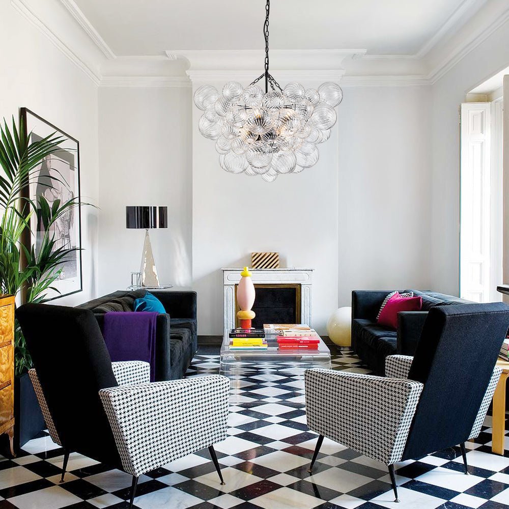 Annika bubble chandelier – in a living room with a checkered floor