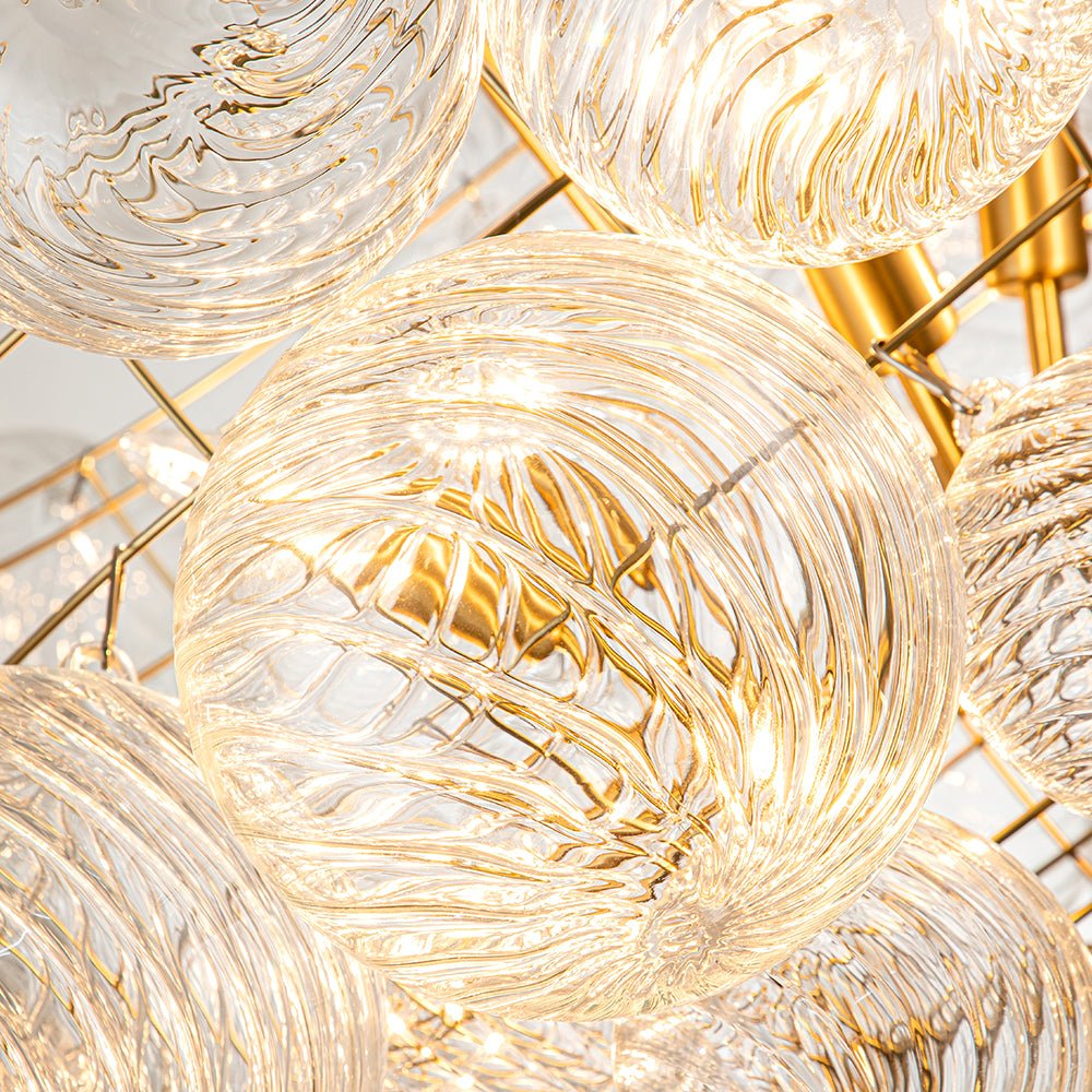 Annika bubble chandelier – ribbed glass close-up, lit