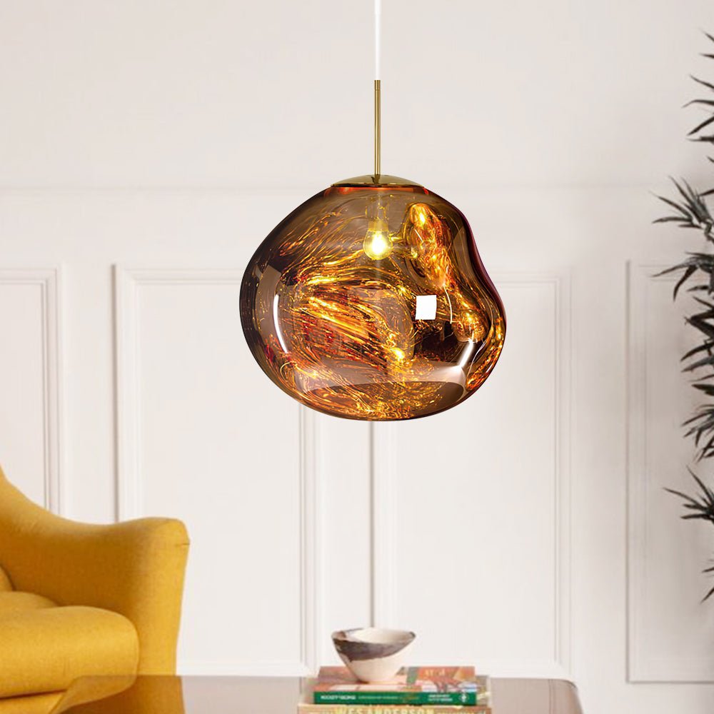 Maribel melt pendant – in gold, close view in a room