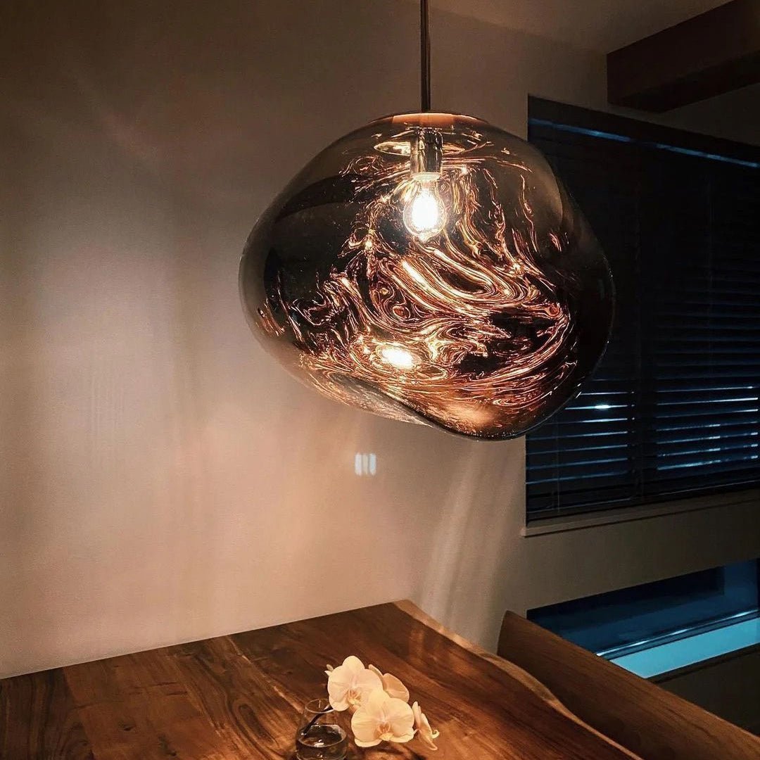 Maribel melt pendant – in copper, close view in a room
