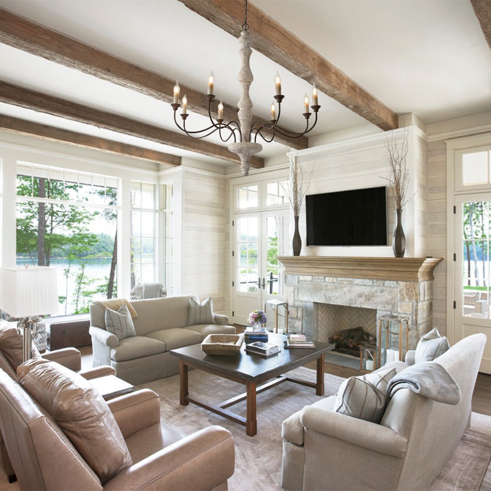 Amalia 8-light candle chandelier in a living room with wooden beams