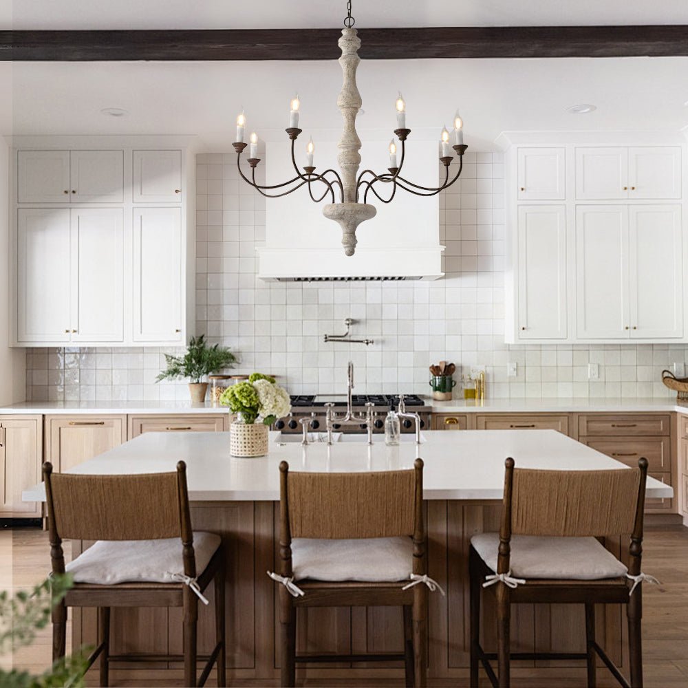 Amalia rustic candle chandelier above a kitchen island