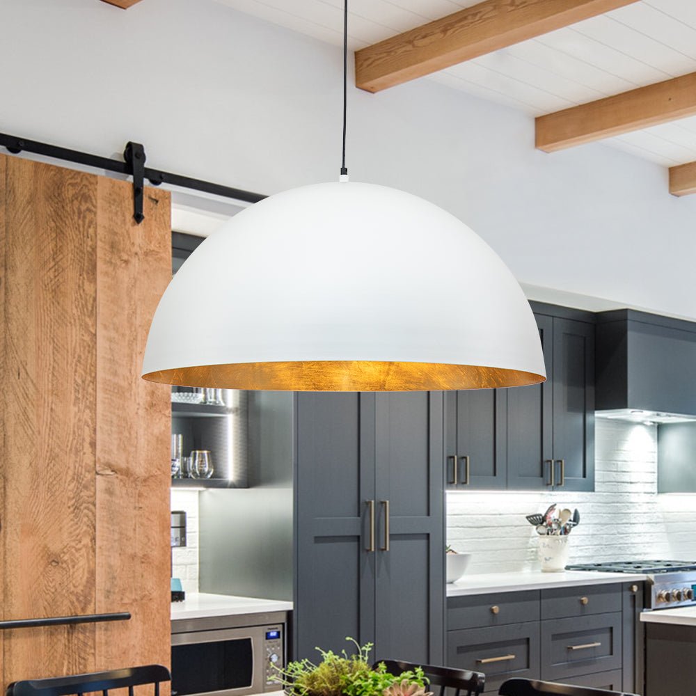 Augustin dome pendant – in white by a barn door