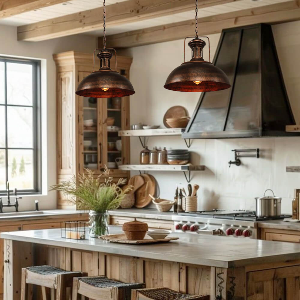 Rafferty rustic dome pendant light – two over a farmhouse kitchen island