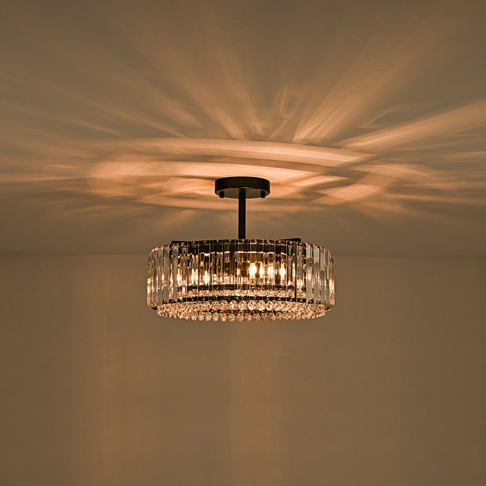 Tatiana crystal drum ceiling light – lit with a warm glow
