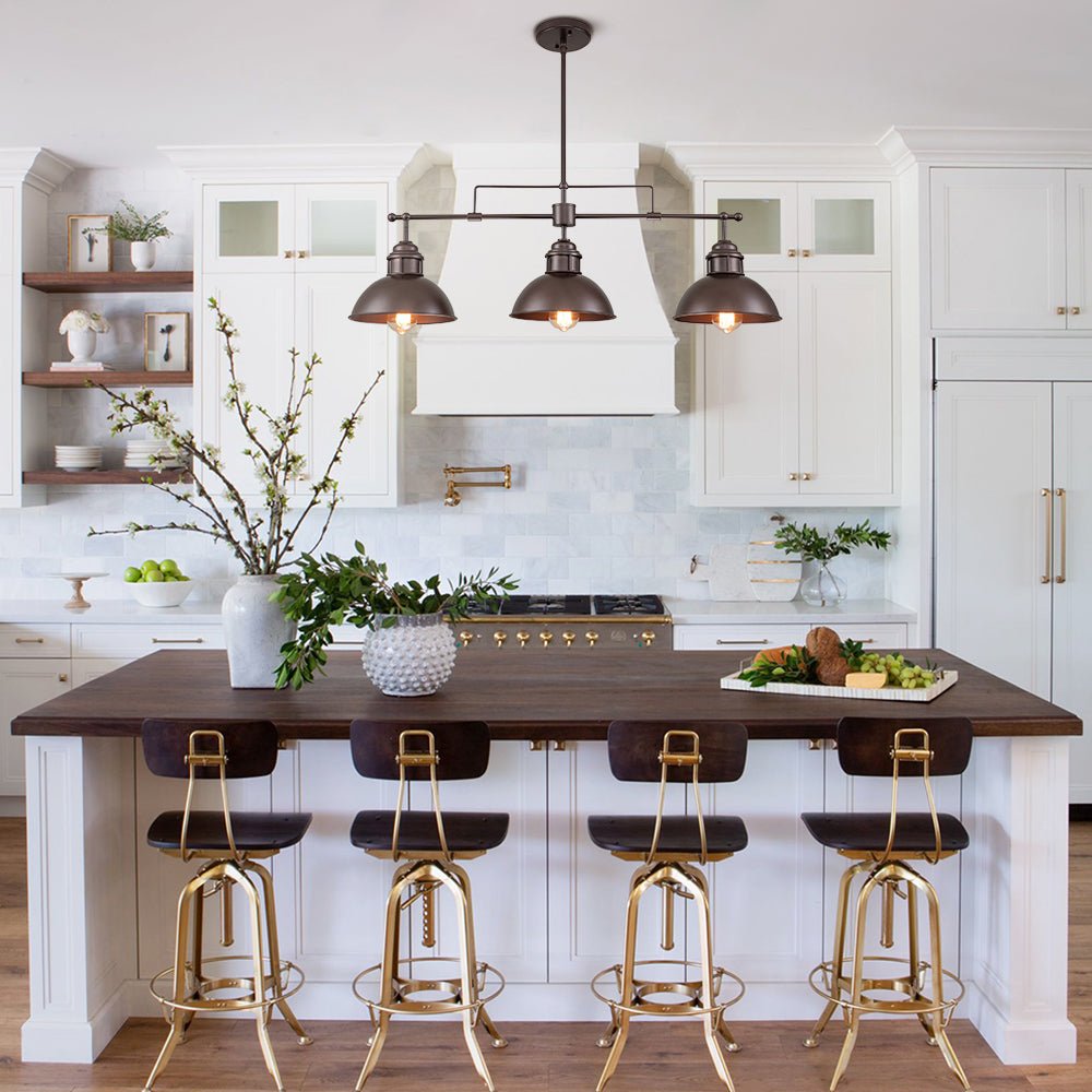 Benedict 3-light linear dome pendant – over a kitchen island with stools