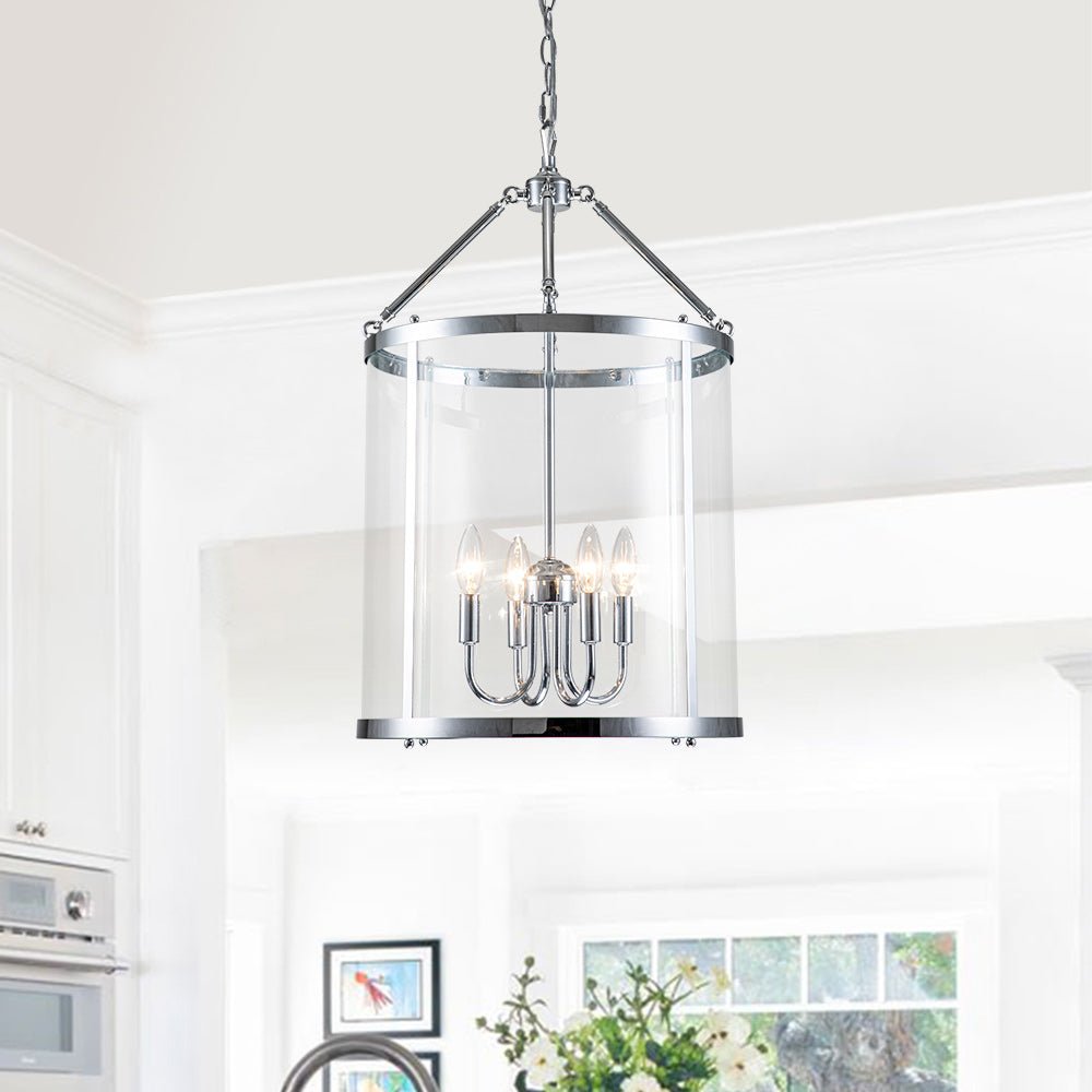 Tristan glass lantern chandelier – in chrome in a bright room