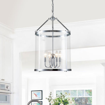Tristan glass lantern chandelier – in chrome in a bright room