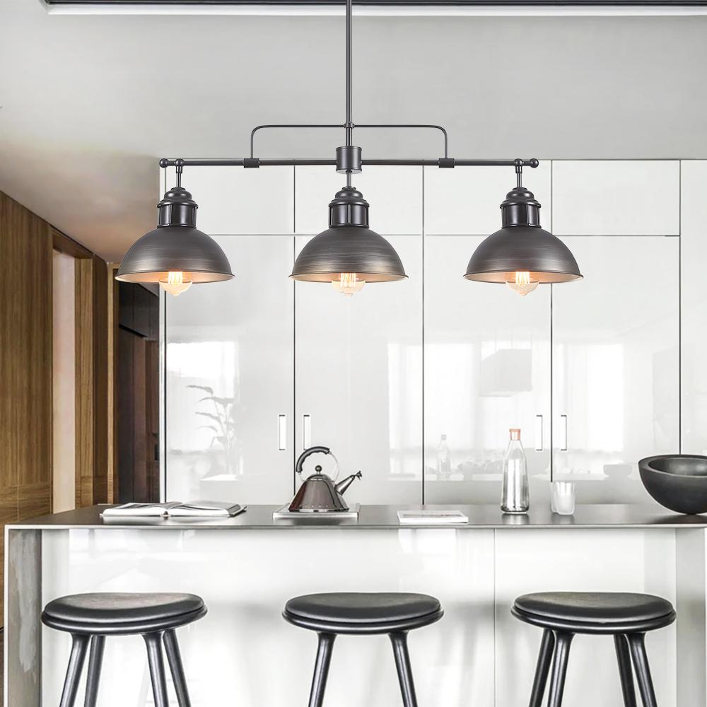 Benedict 3-light linear dome pendant – over a kitchen island, side view
