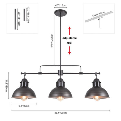 Benedict 3-light linear dome pendant – size diagram