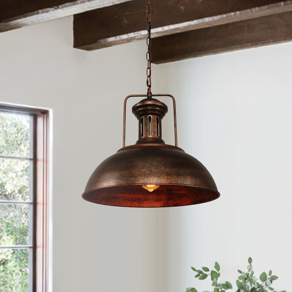 Rafferty rustic dome pendant light – hanging by a window with a wooden beam