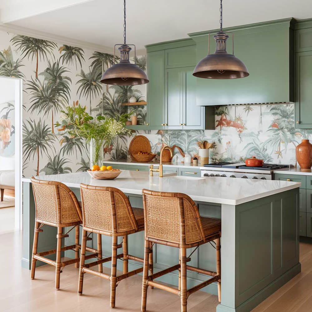 Tobias bronze dome pendant – over a kitchen island with green cabinets