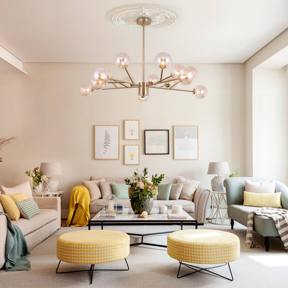 Paloma bubble chandelier – brass in a living room, alternate view