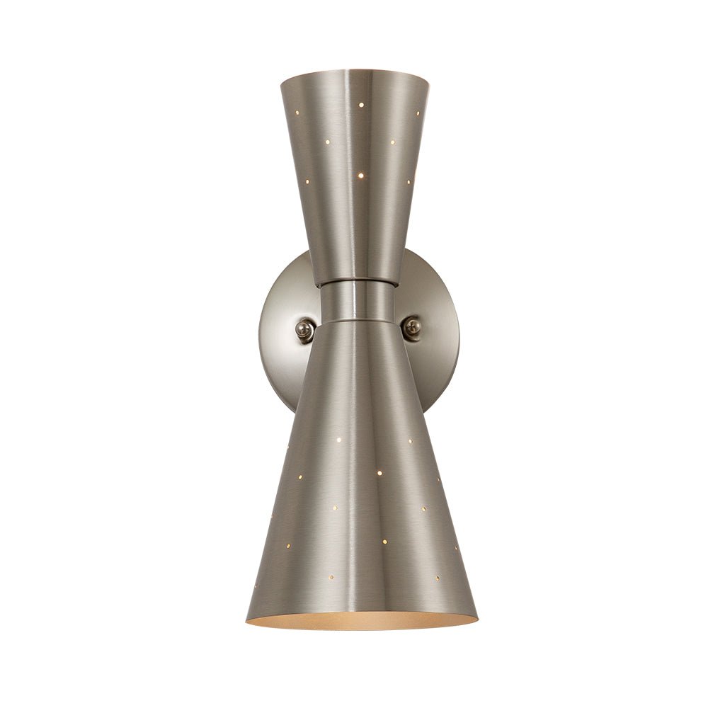Stellan hourglass wall light – in nickel on white, front view