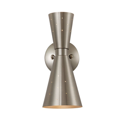 Stellan hourglass wall light – in nickel on white, front view