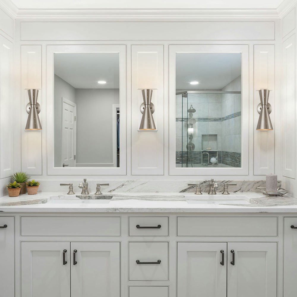 Stellan hourglass wall light – pair beside a bathroom mirror