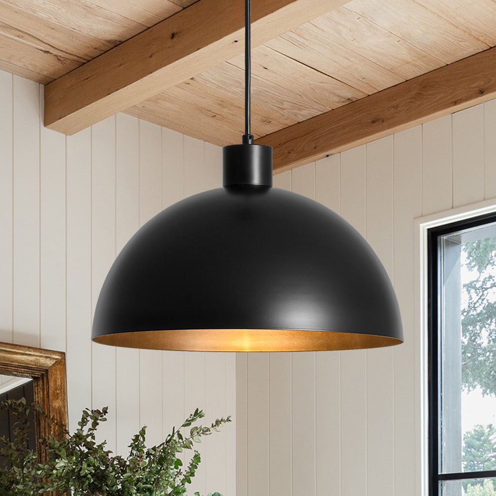 Vincenzo lipped dome pendant – in black with wooden beams