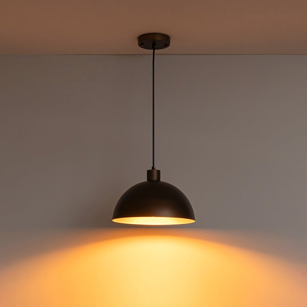 Vincenzo lipped dome pendant – in black, lit