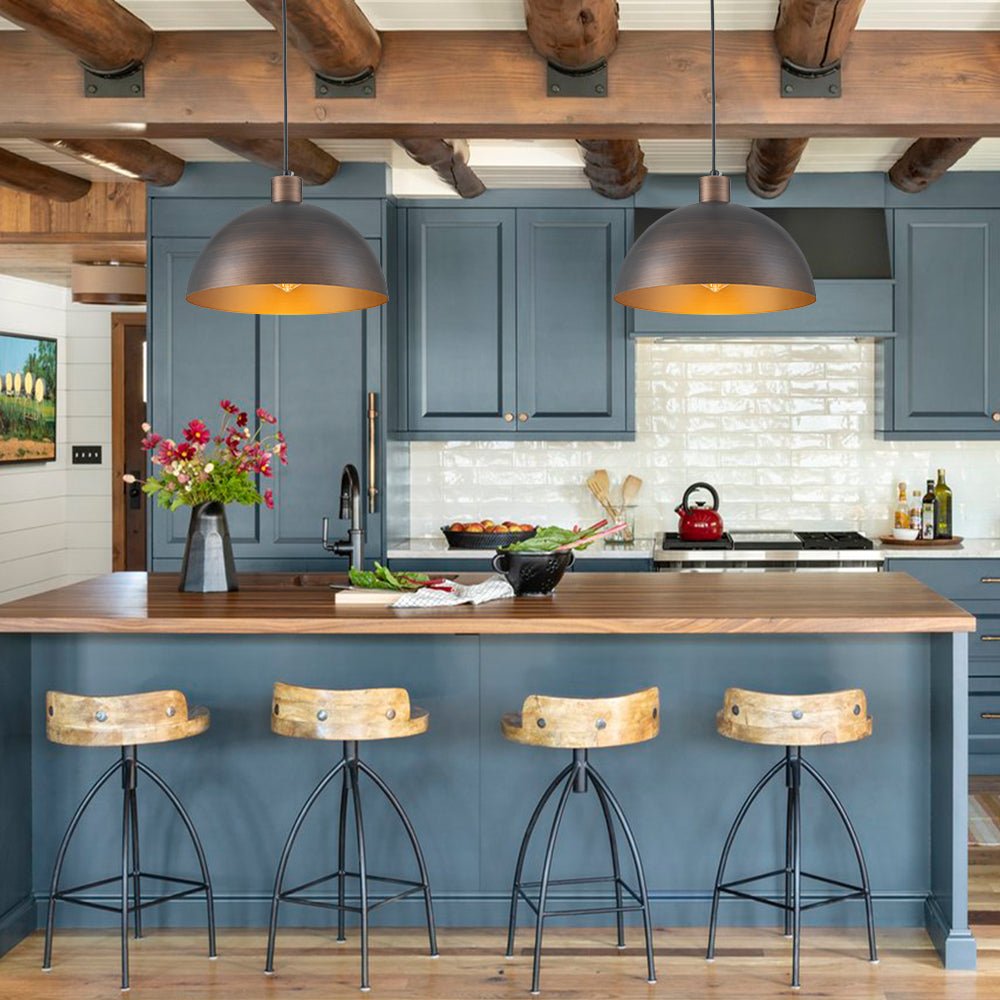 Vincenzo lipped dome pendant – over a kitchen island with blue cabinets