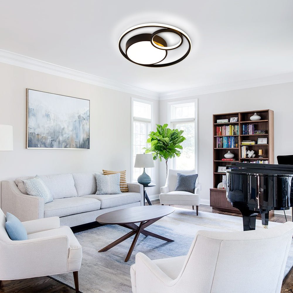 Elowen double ring LED ceiling light – in a living room