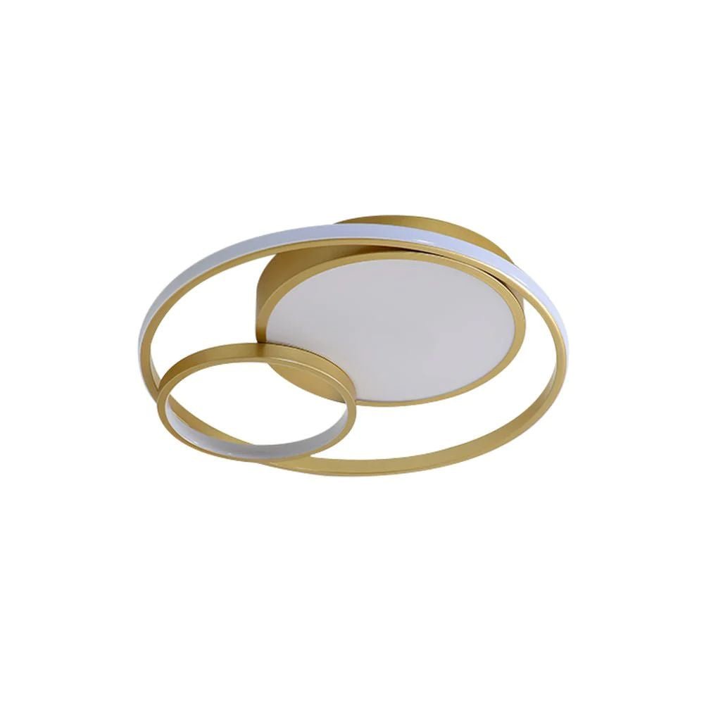 Elowen double ring LED ceiling light – in grey and gold, lit on white