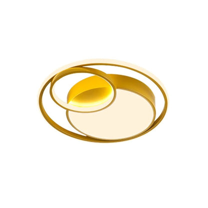 Elowen double ring LED ceiling light – in gold, lit on white