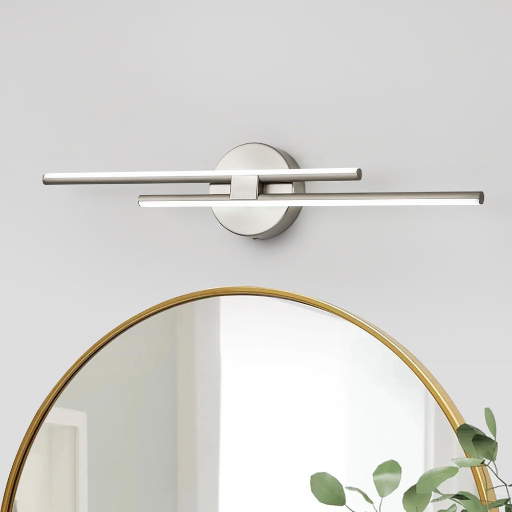 Cosimo linear LED vanity light – in nickel above a round mirror