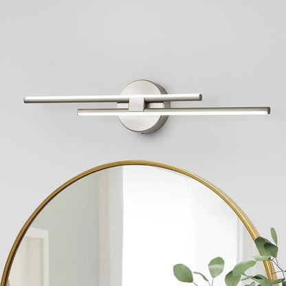 Cosimo linear LED vanity light – in nickel above a round mirror